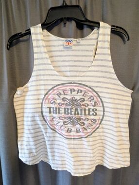 Women's Beatles Striped Tank Top - White & Light Gray with Pink Accent Sz.S